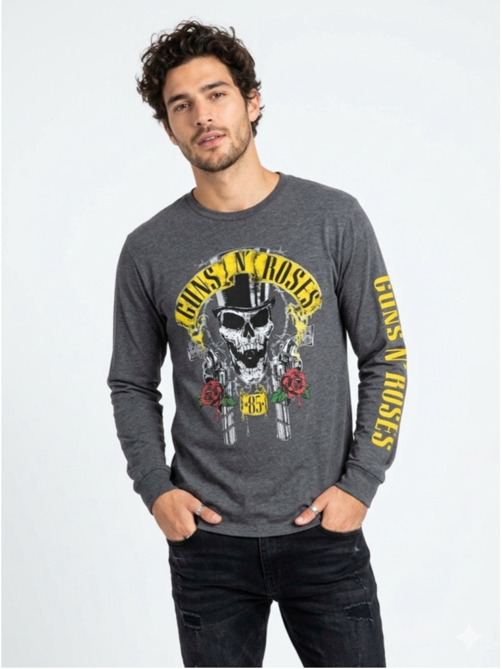 Guns N’ Roses Long Sleeve Top Hat Skull Band Tee Charcoal Gray Medium 465